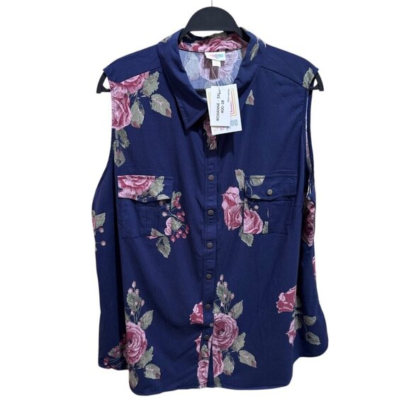 LuLaRoe Tops - LuLaRoe Size 3XL Blue Floral Roxanne Sleeveless Snap Front Collar‎ Shirt - NWT